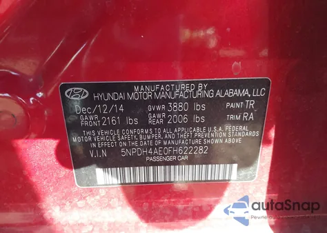 2015 Hyundai Elantra Se z USA, uszkodzony, nr VIN 5NPDH4AE0FH622282